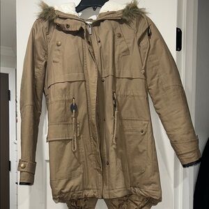 Tan Hooded Parka with Faux Fur Trim